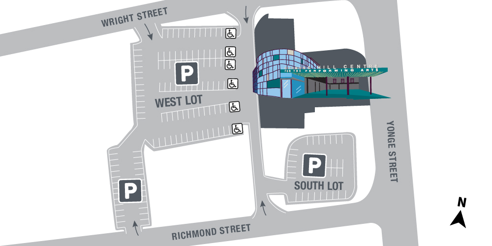 Pictoral map of west and south side parking lots, identifying locations of accessible parking