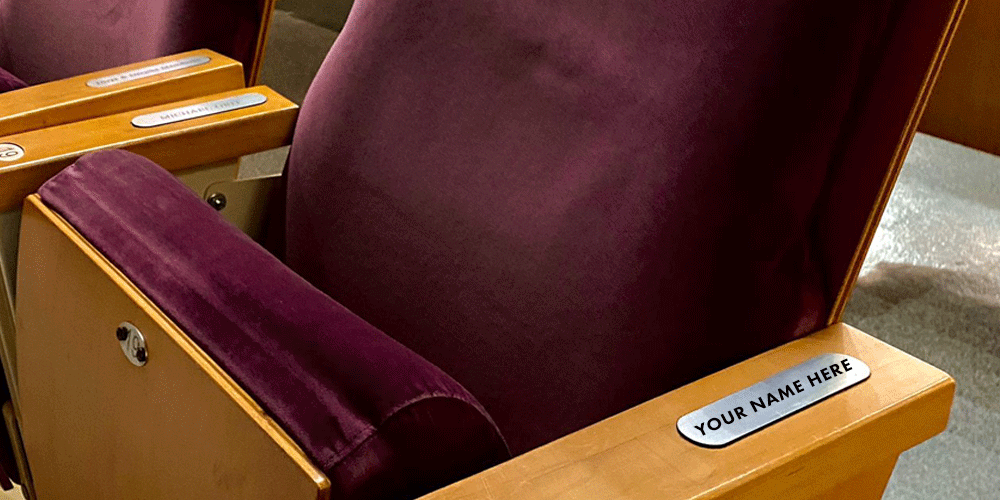 A few purple theatre seats with armrest name plate