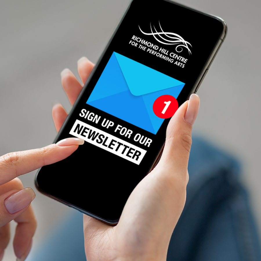 Photo of smart phone featuring the RHCPA logo, an envelope icon and text, sign up for our newsletter